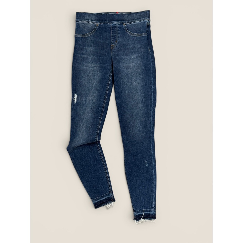 Spanx Womens Ankle Skinny Jeans Dark Wash Distressed Raw Hem Pull On Blue Size S